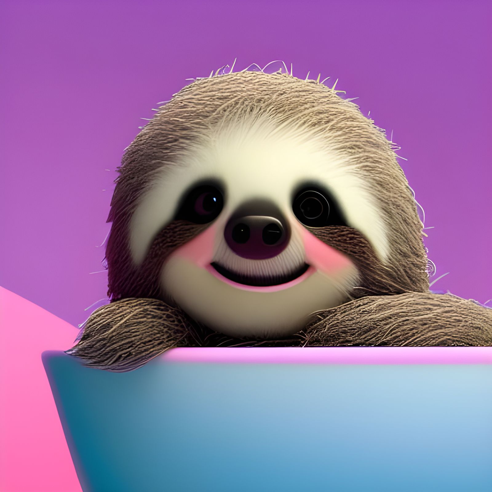 Fluffy Sloth in Pink Bubbles: 3D Digital Art