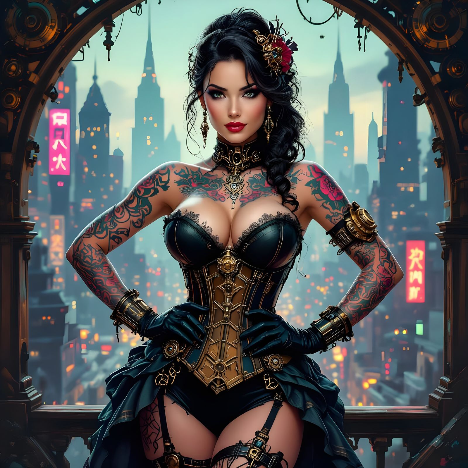 Steampunk Art Nouveau Woman in Metropolis