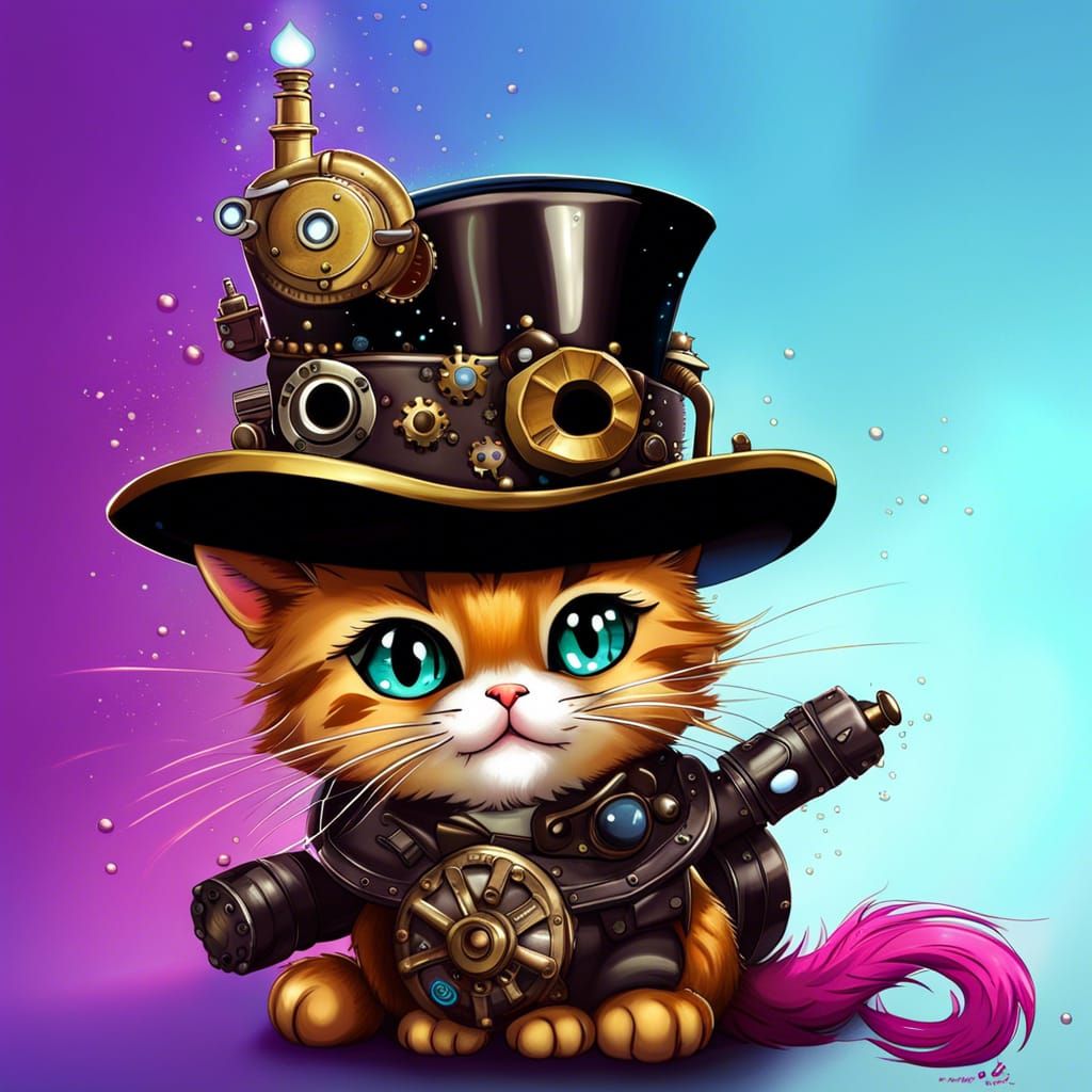 Cute Steampunk Chibi Kitty Digital Art