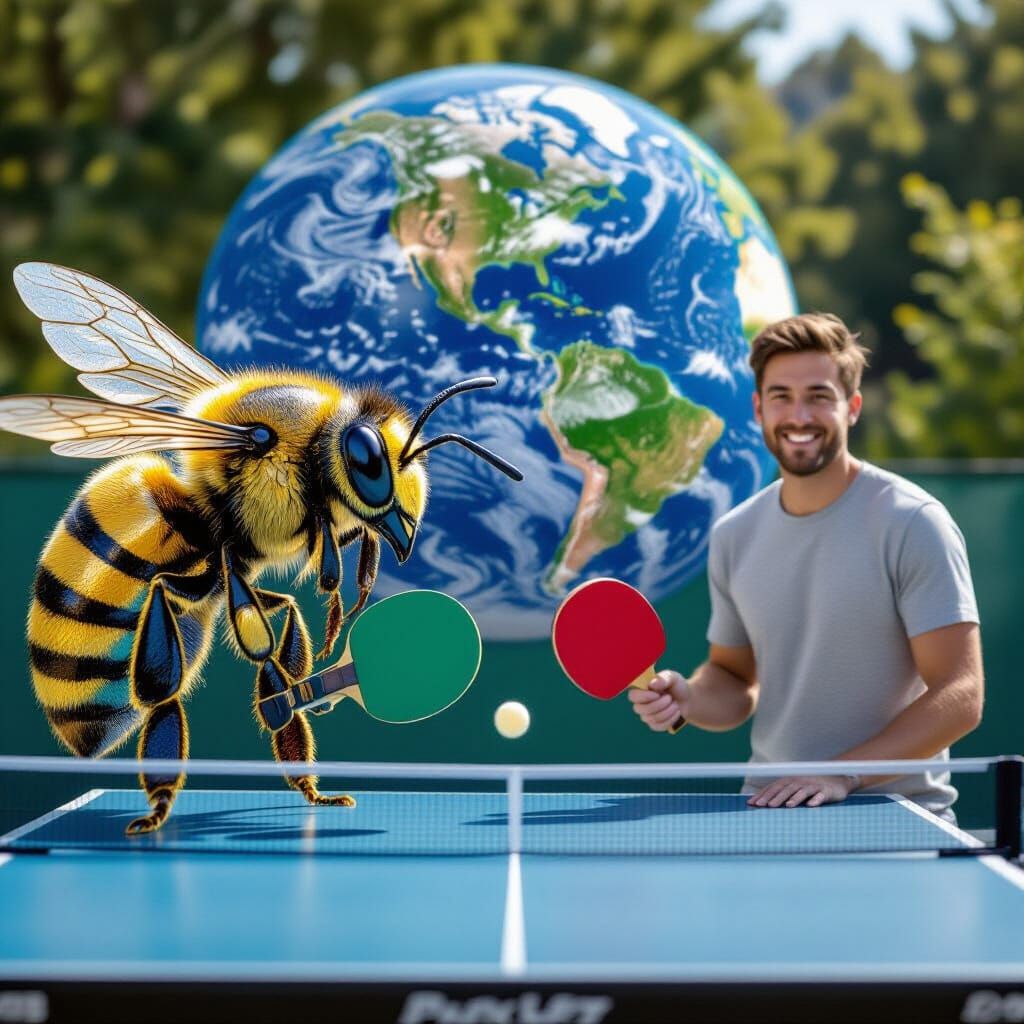 Giant Bee Plays Ping Pong in Vibrant Landscape