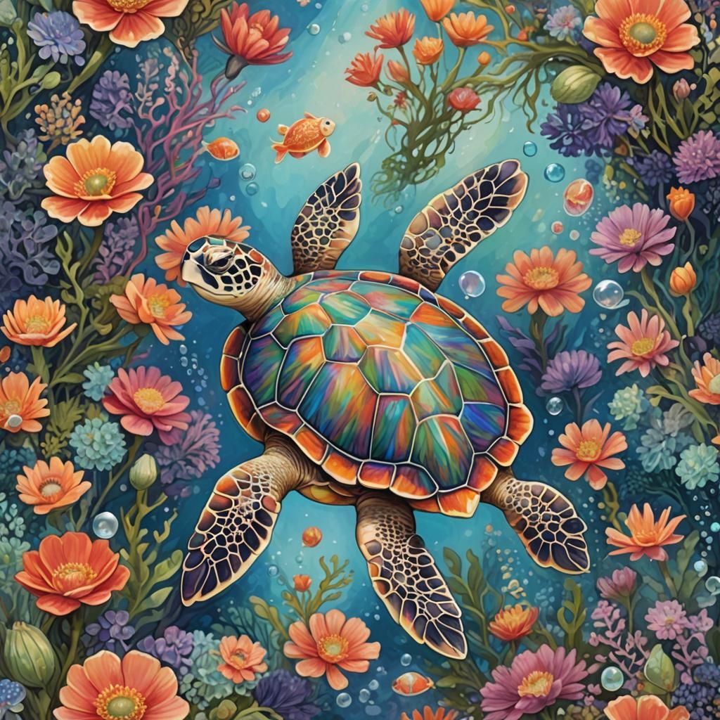 Diamond Sea Turtle in an Oceanic Garden