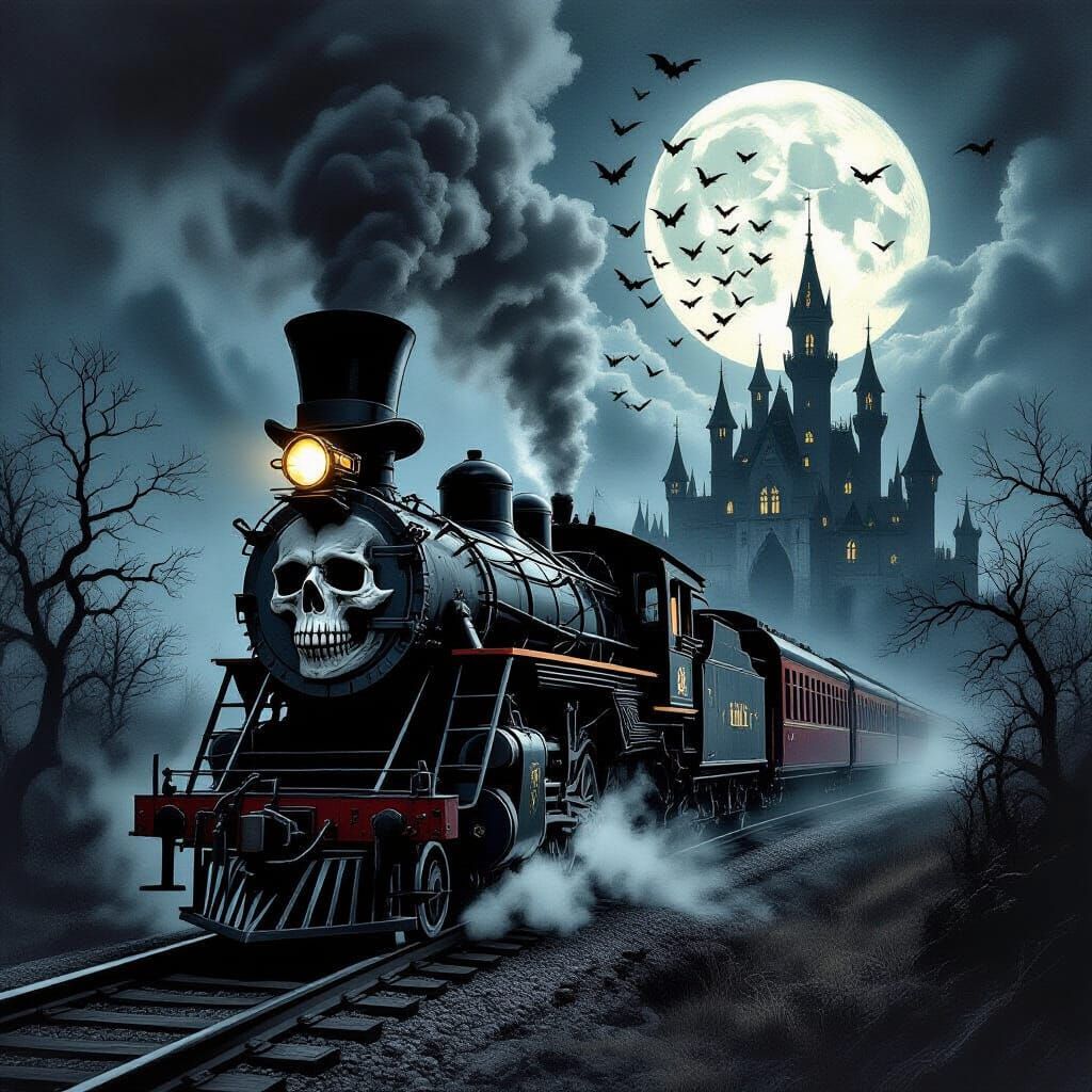 Undead Steam Train Haunts Gothic Castle Under Full Moon