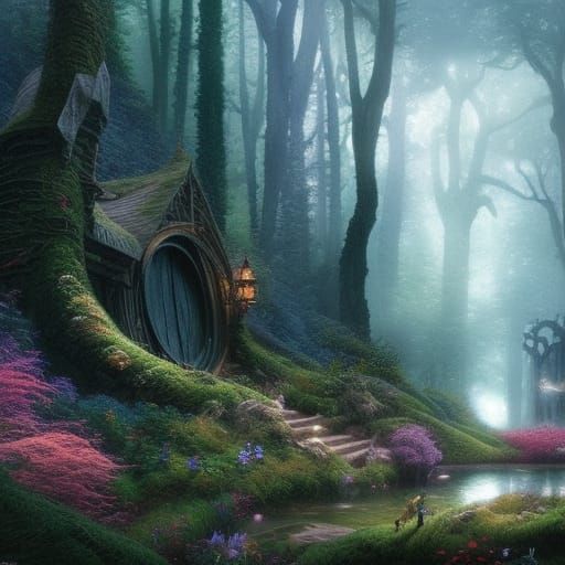 Hobbit in Dark Forest: Ethereal Digital Painting