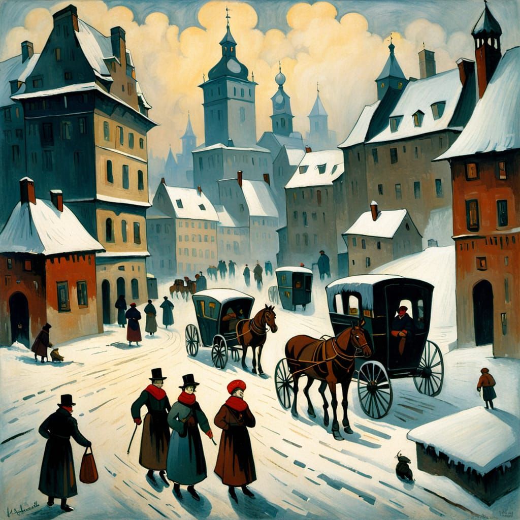 Winter Town Square Scene in Impressionist Style