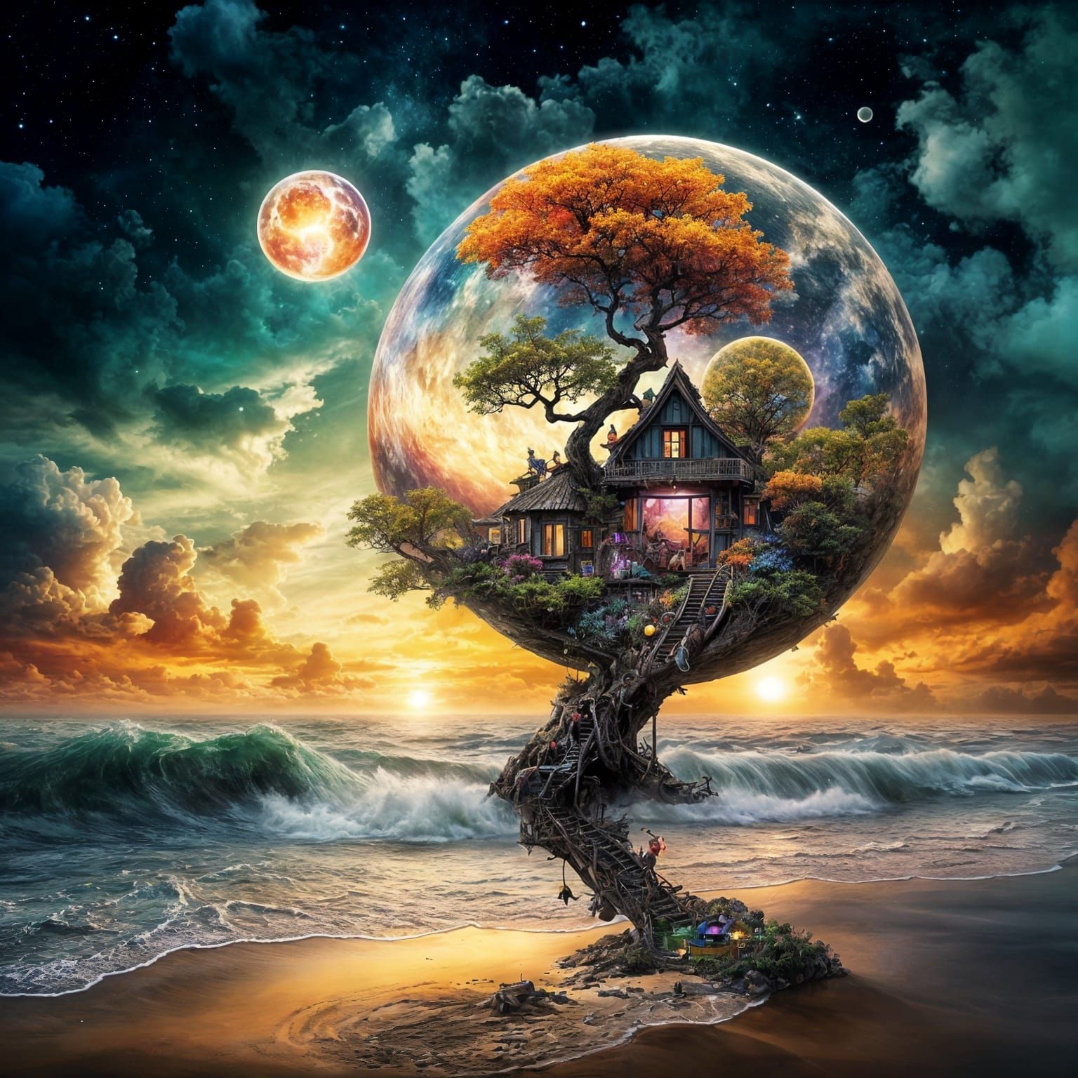 Surreal Yin Yang Sunset with Galaxy Planet Art