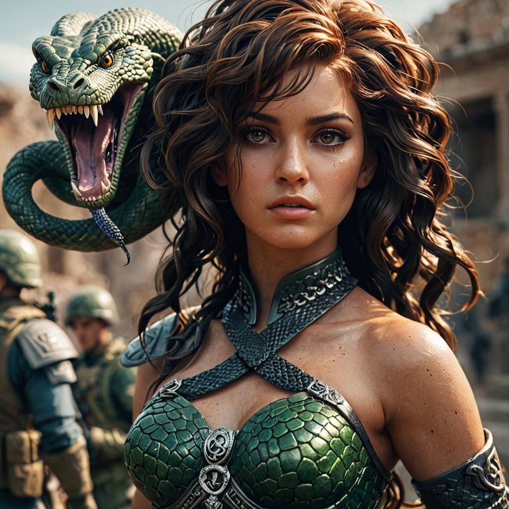 Medusa turning a soldier to stone, focusing on the serpents ...