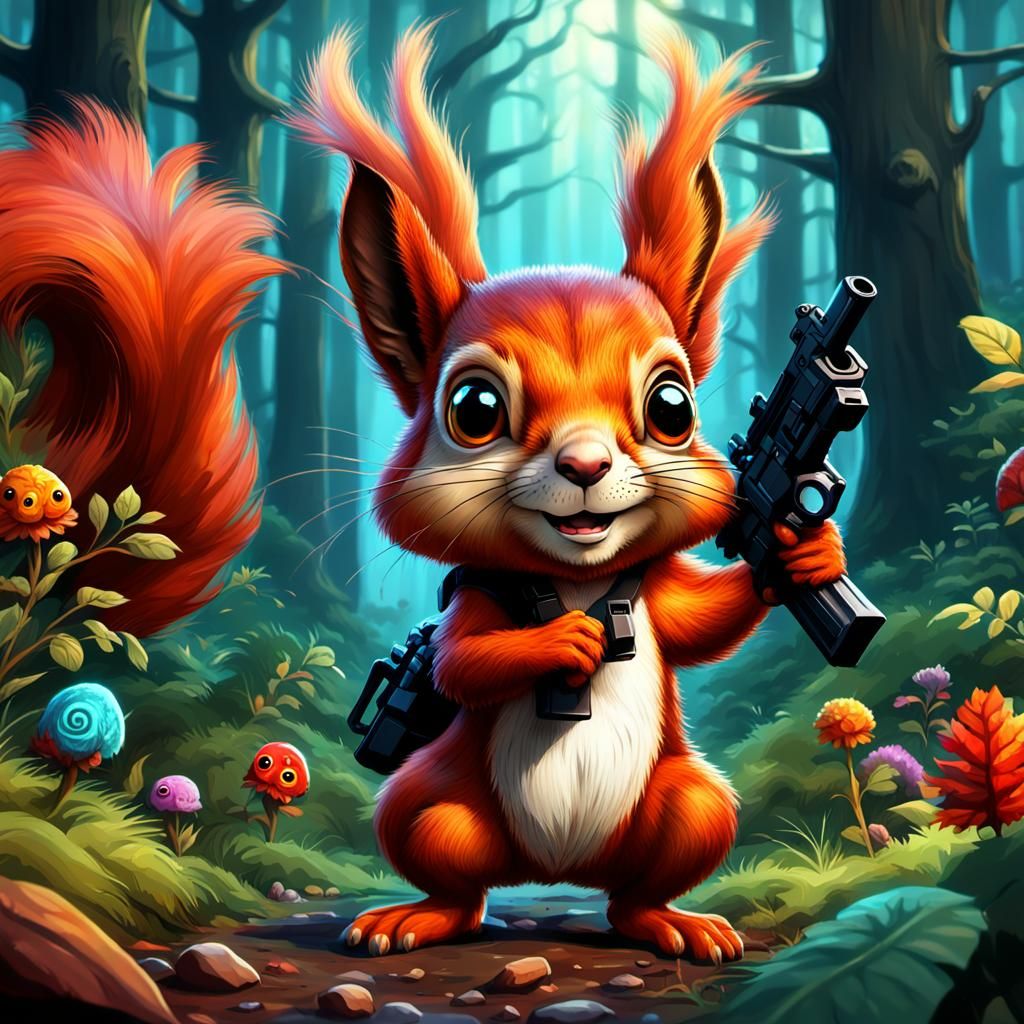 a cute red squirrel with big chibi eyes is holding an ar-15 chasing after other terrified animals in the magical forest,...