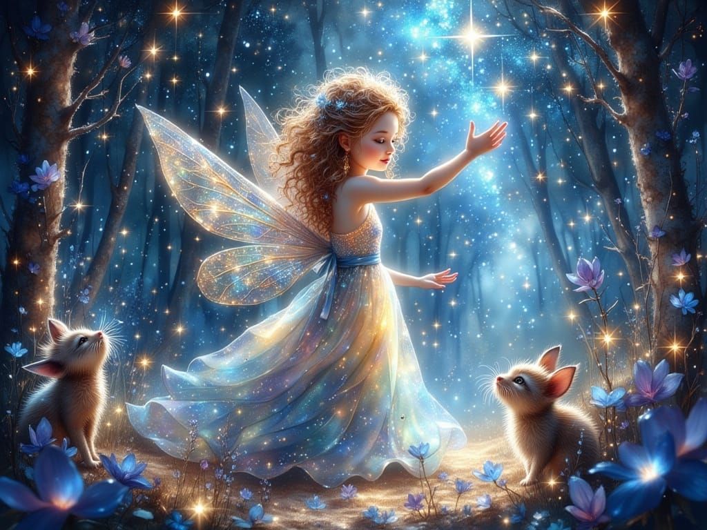Cute Fairy Casting Starlight in Enchanted Forest