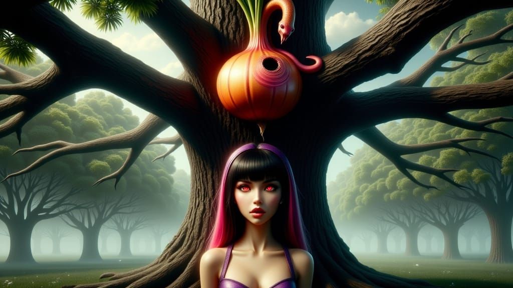 Hyperrealistic Future Woman with Onion Snake