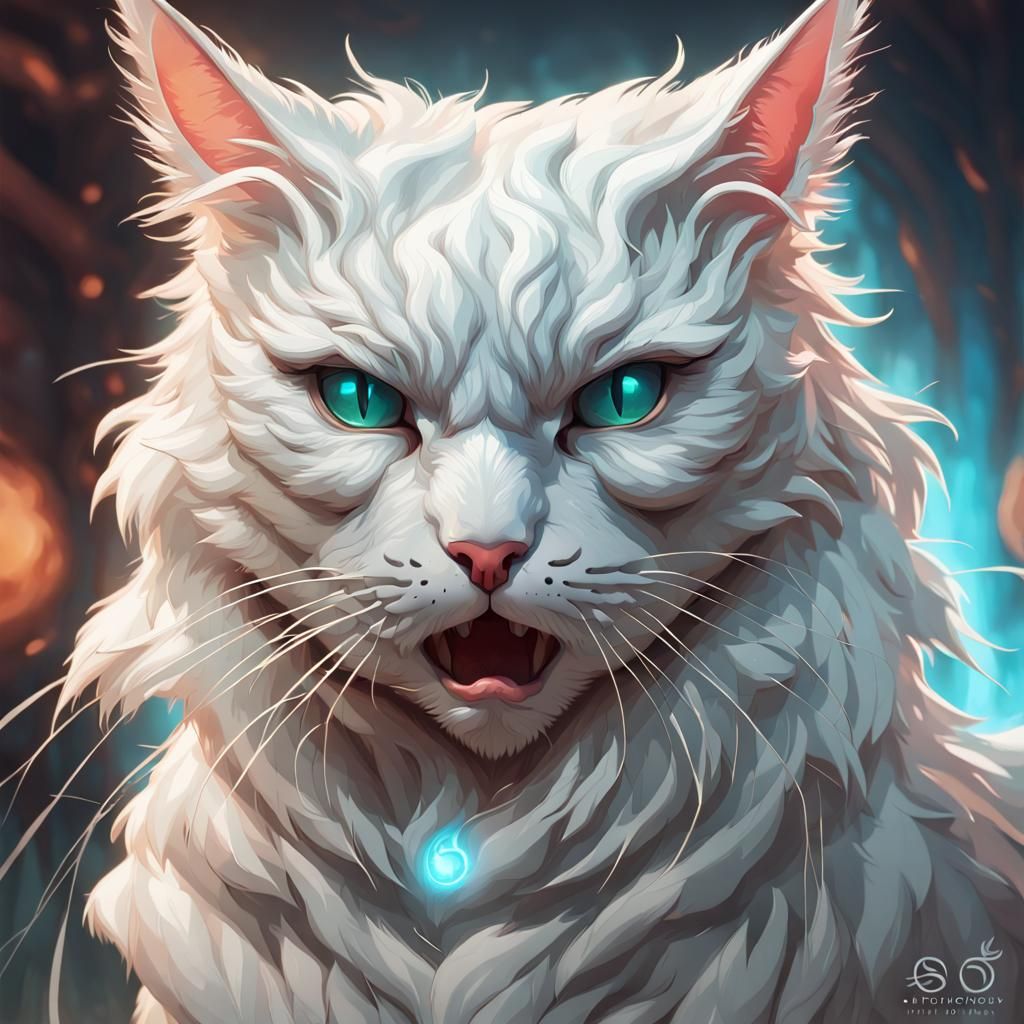 Coughing White Cat Portrait in Art Nouveau Style