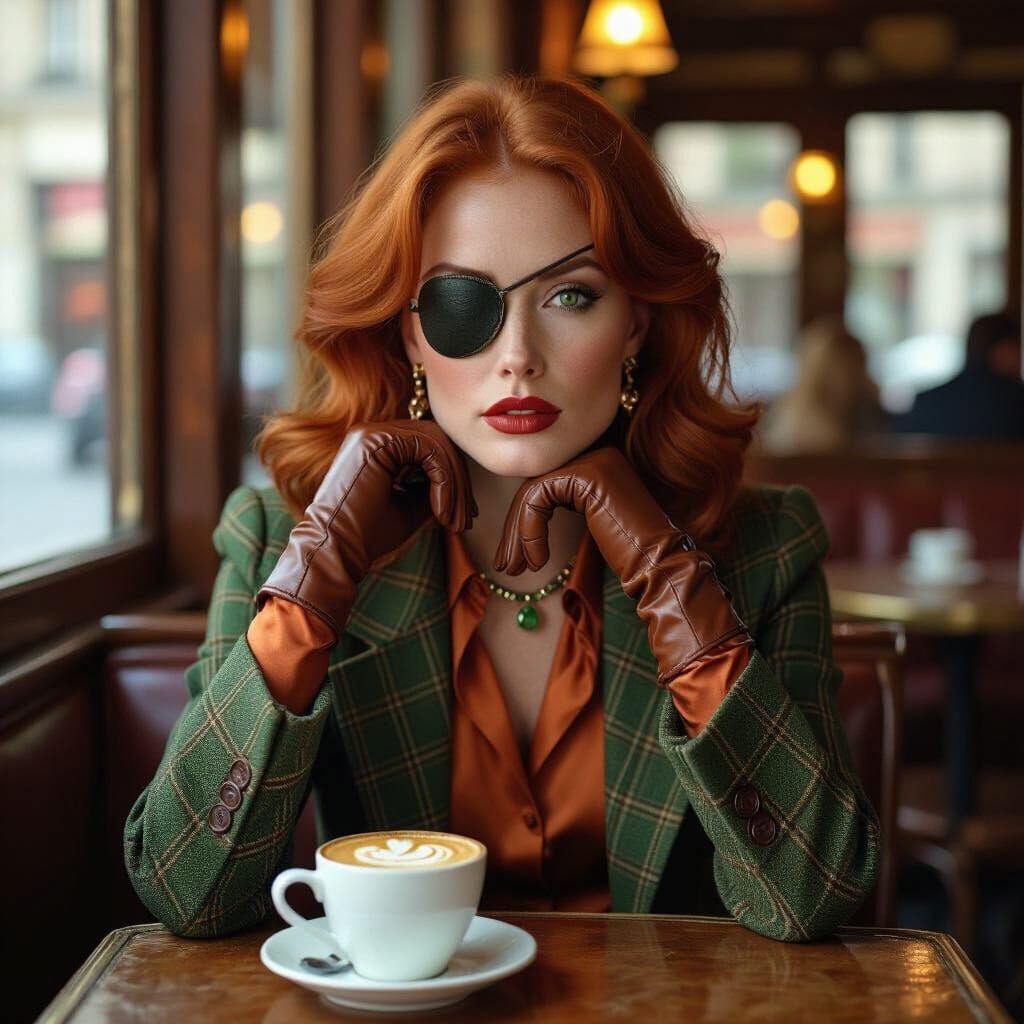 Contemplative Woman with Cappuccino, Hyperrealistic Photogra...