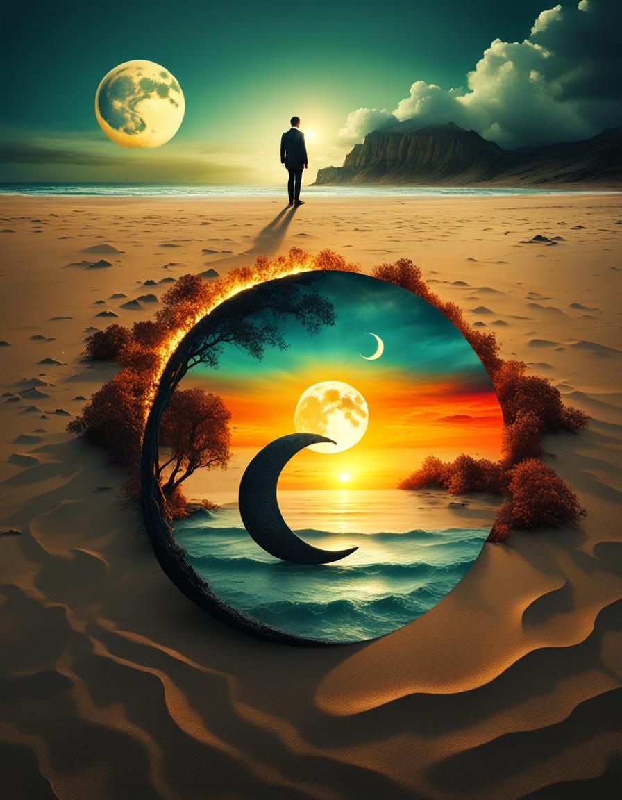 Ethereal Harmony of Opposites in Vibrant Beach Sunset