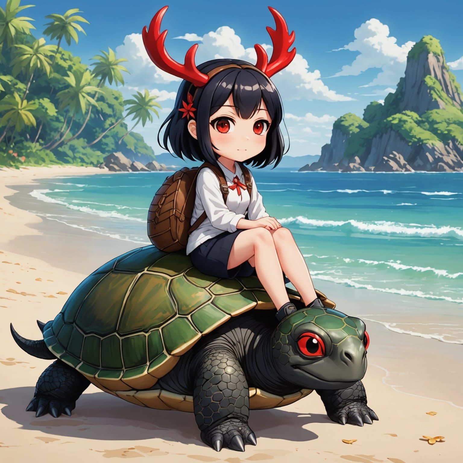 Anime Woman with Turtle on Beach
