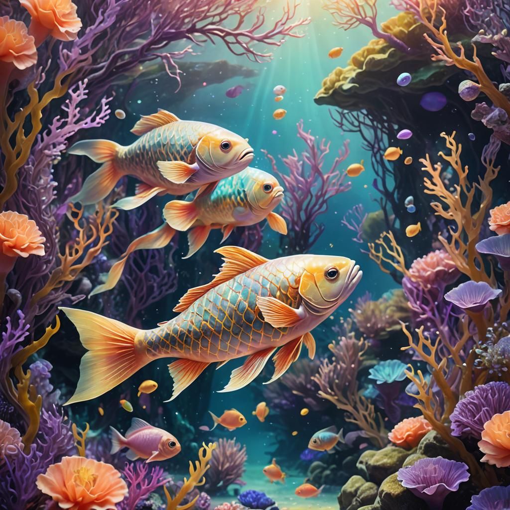 Mystical Pisces in Underwater Garden, Surreal Digital Art