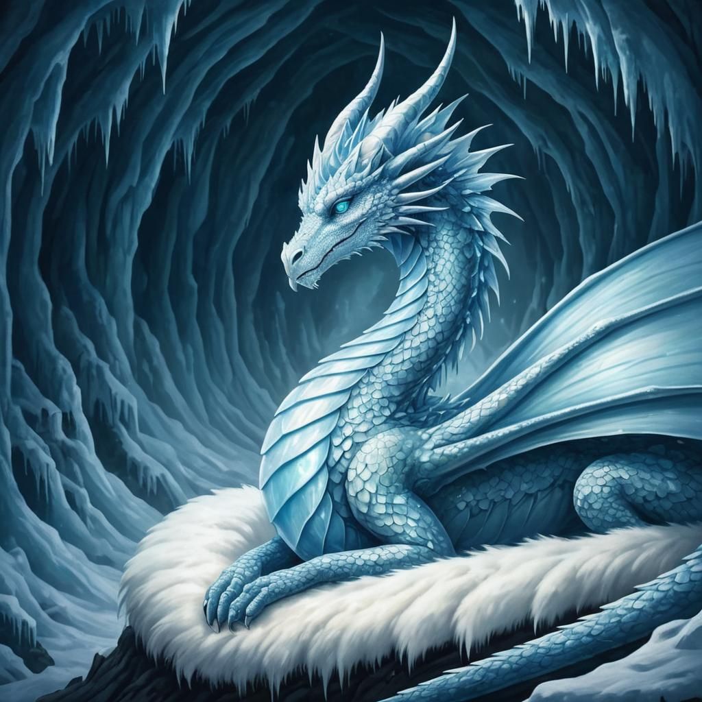 Regal Ice Dragon Queen Shines in Mythical Cavern