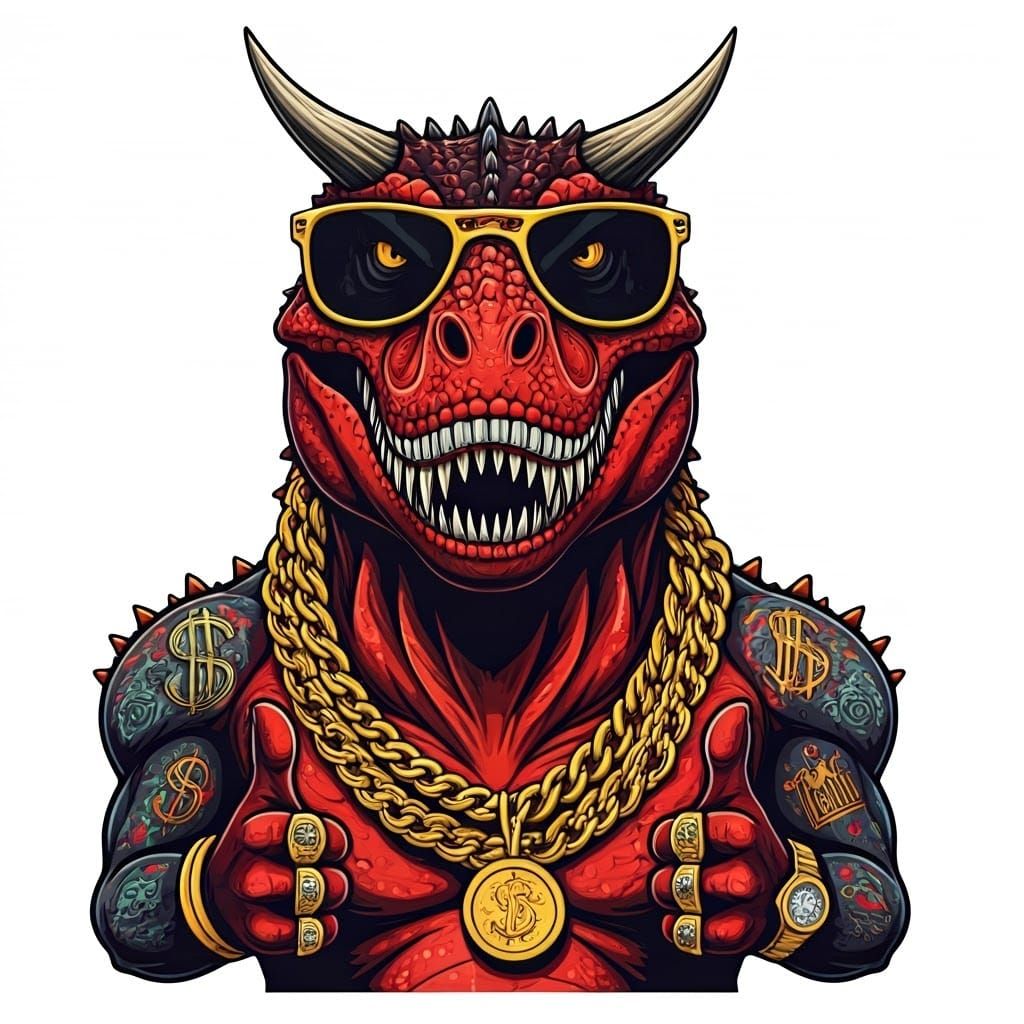 Graffiti Street Artist's Carnotaurus in Gold Chains and Sung...