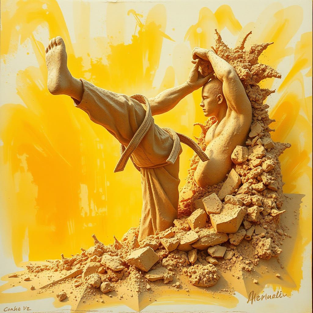 Sand Karate Fighter in Maximalist Gouache and Watercolor