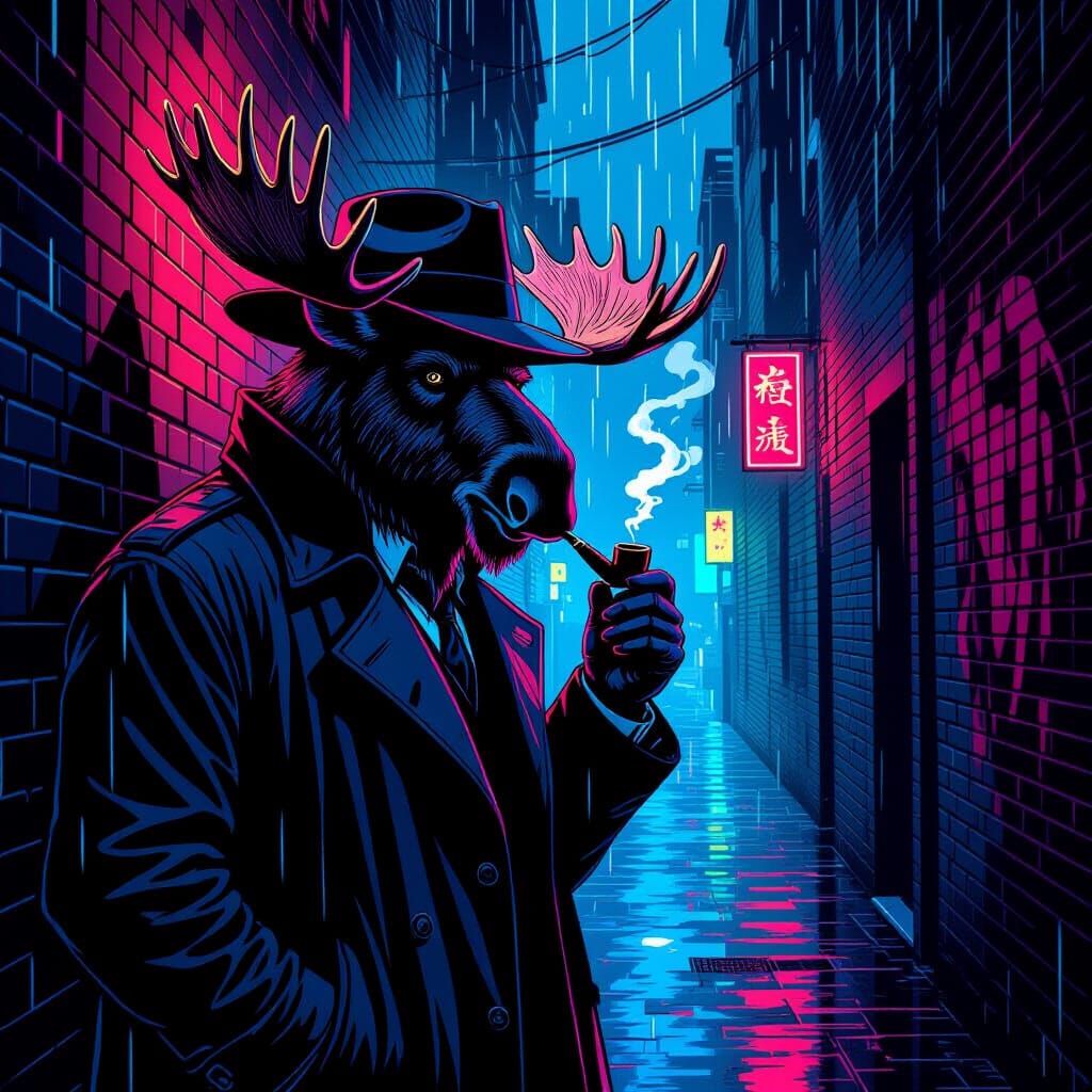 Moose Detective in Neon Alleyway Comic Style