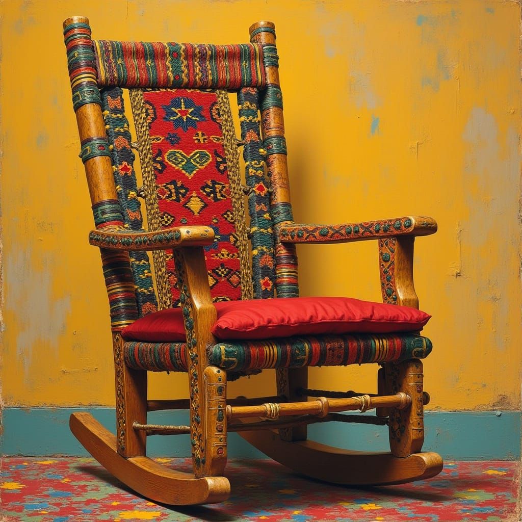 African Weave Rocking Chair with Red Velvet Cushion