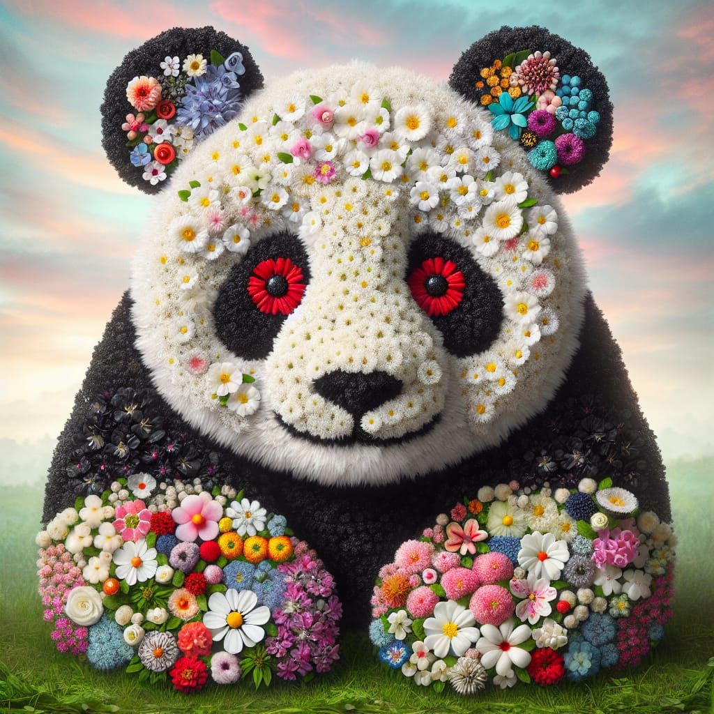 Panda Composed Entirely of Vibrant Flowers Sitting in a Fiel...