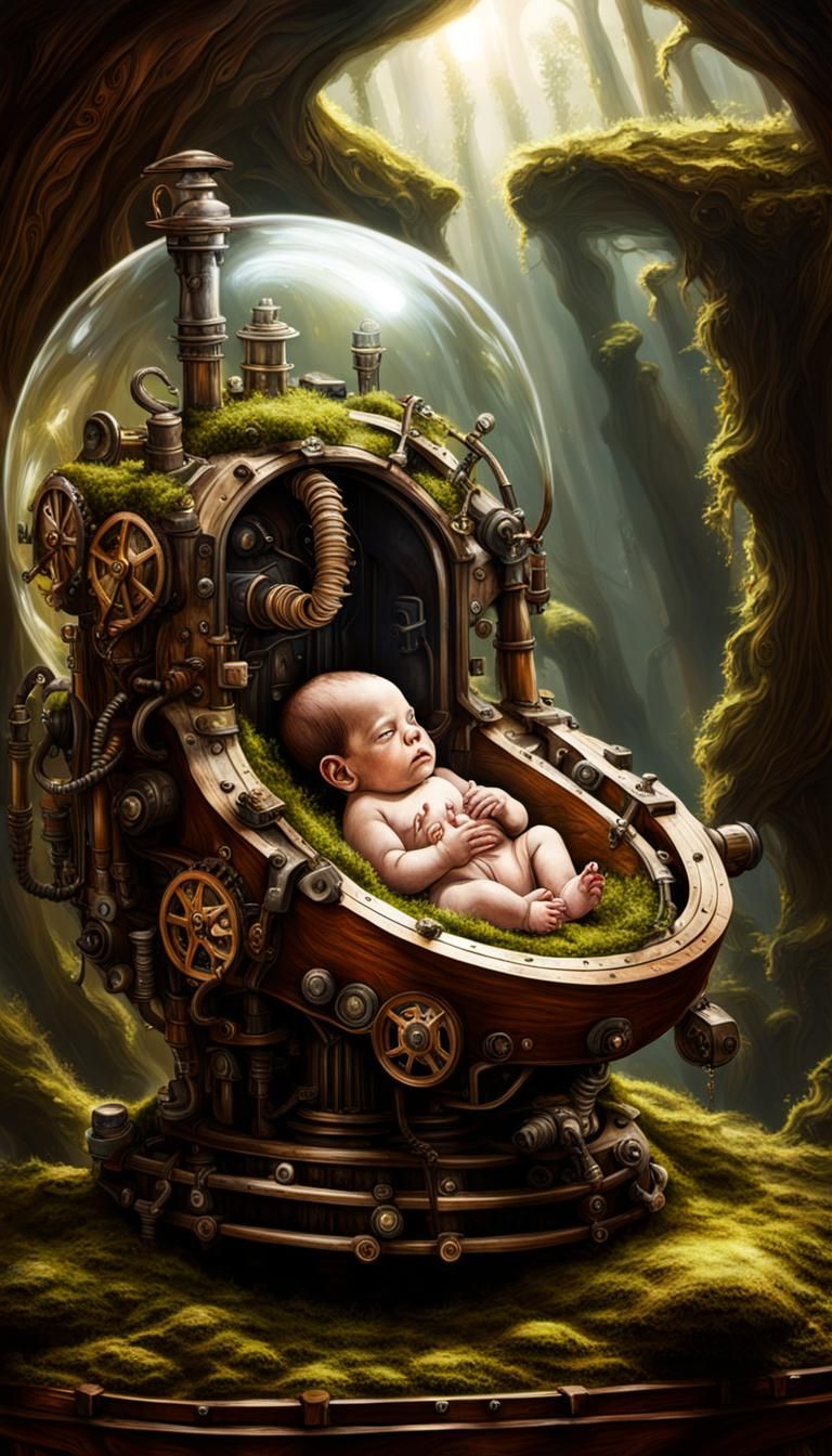 Baby in Artificial Womb with Steampunk Engine