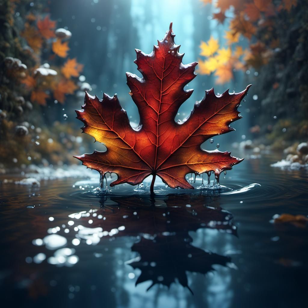 Maple Leaf in Water: Detailed Fantasy Concept Art