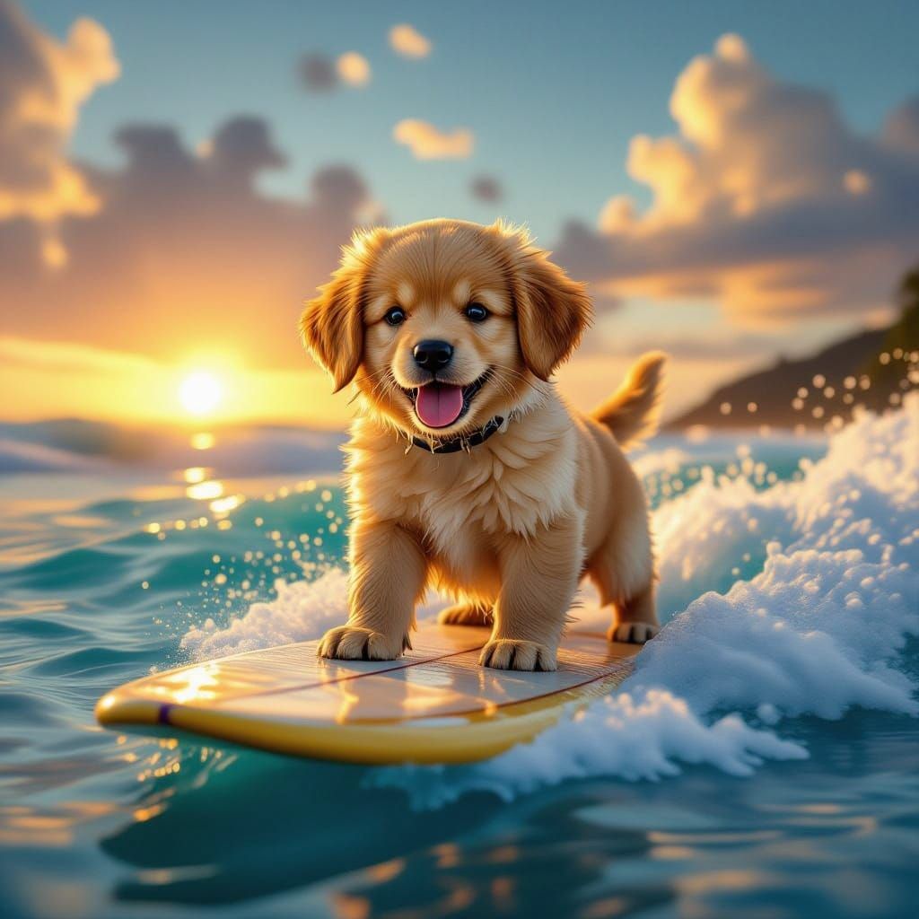 Golden Retriever Puppy Surfing at Sunset: Digital Matte Pain...