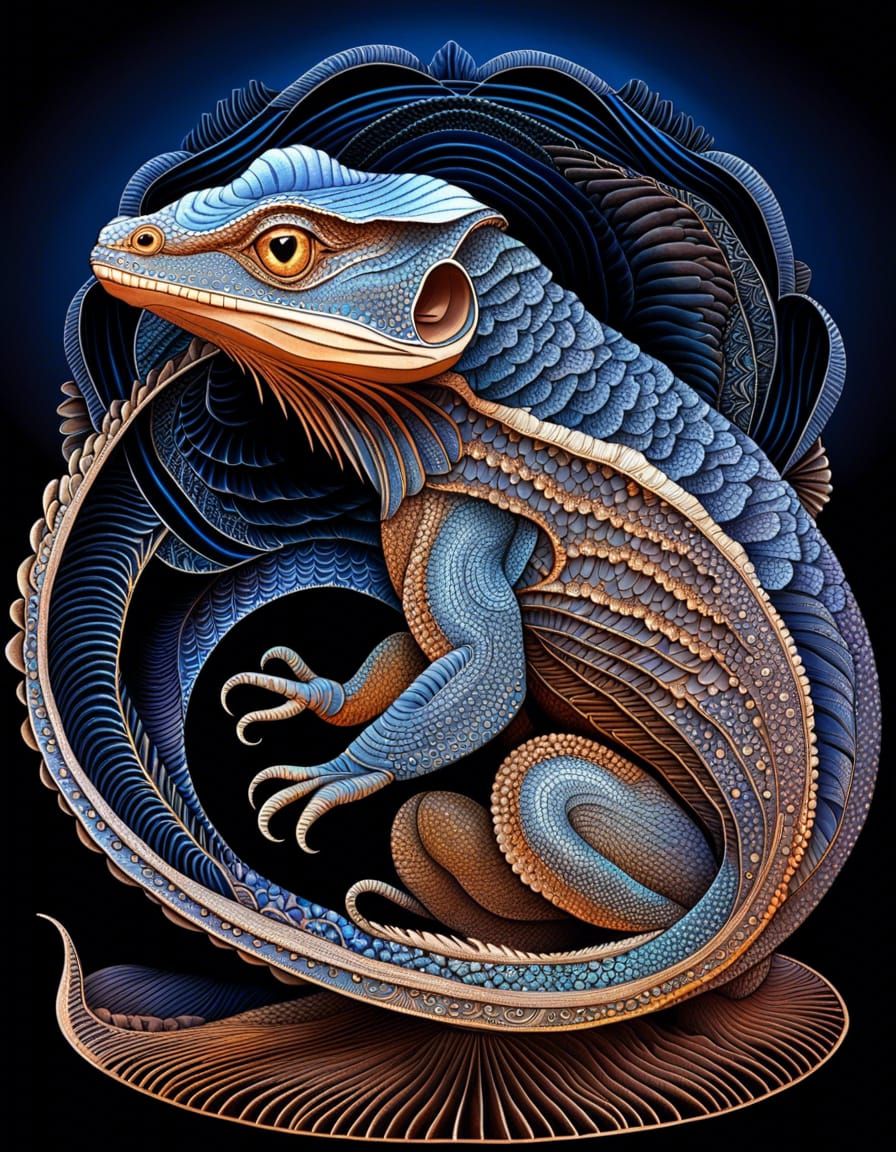 Frilled Lizard with Quantum Fractal Landscape