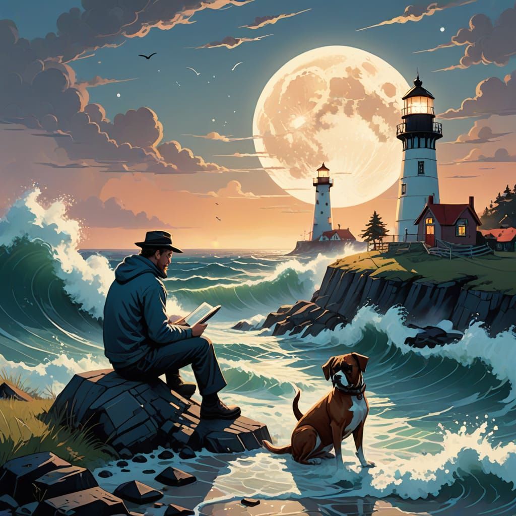 Lighthouse Keeper Reading to Dogs in Cartoon Style
