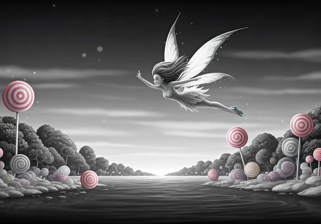 Grayscale Fairy in a Black and White Candy World