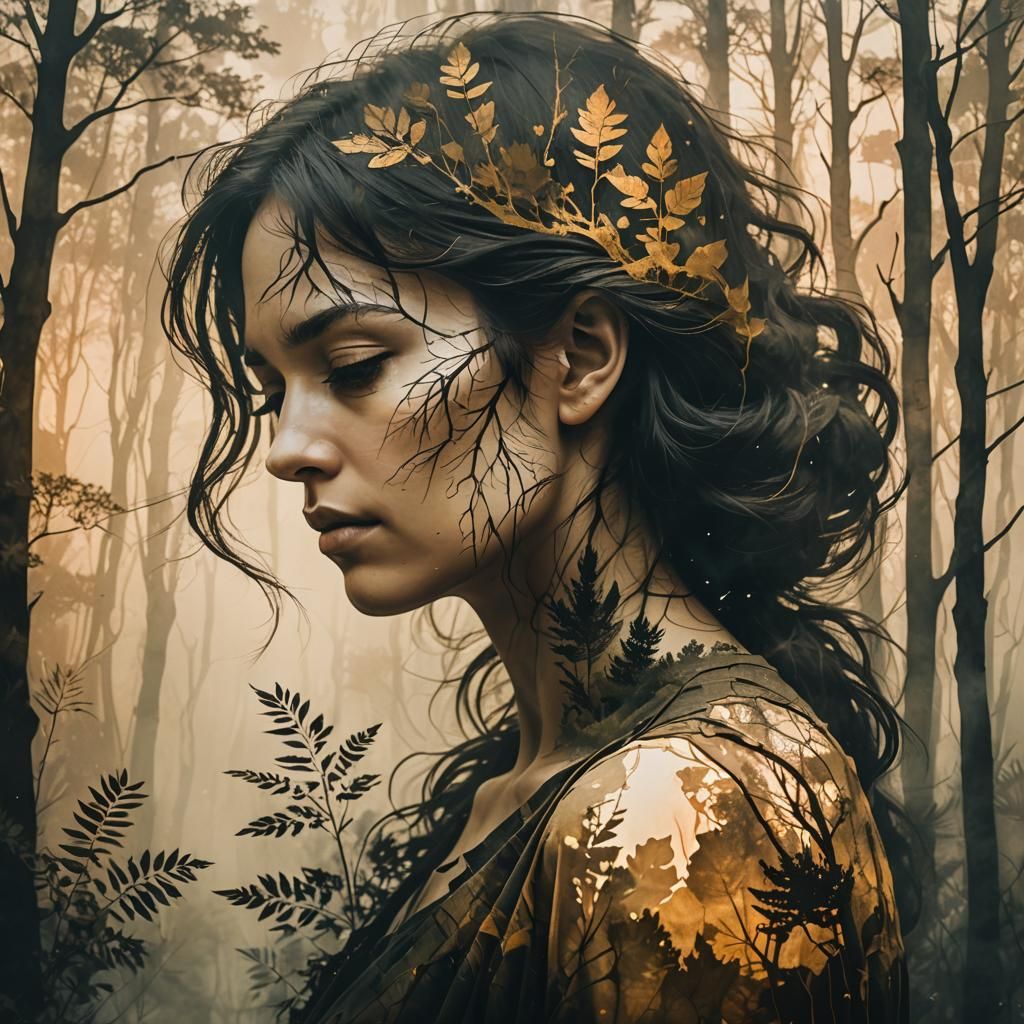Double Exposure: Woman and Mystical Forest in Digital Art