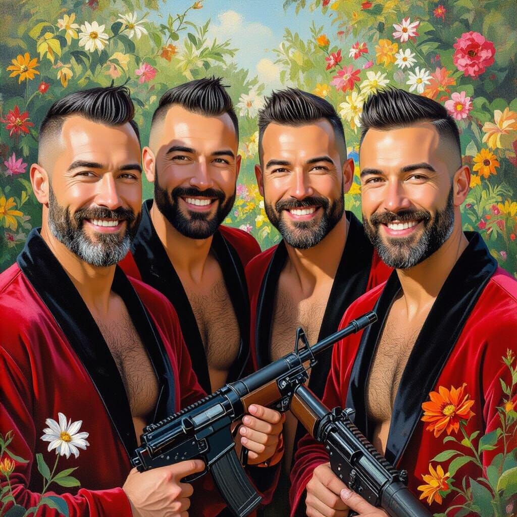 Handsome Men with Machine Guns in Paradise Garden
