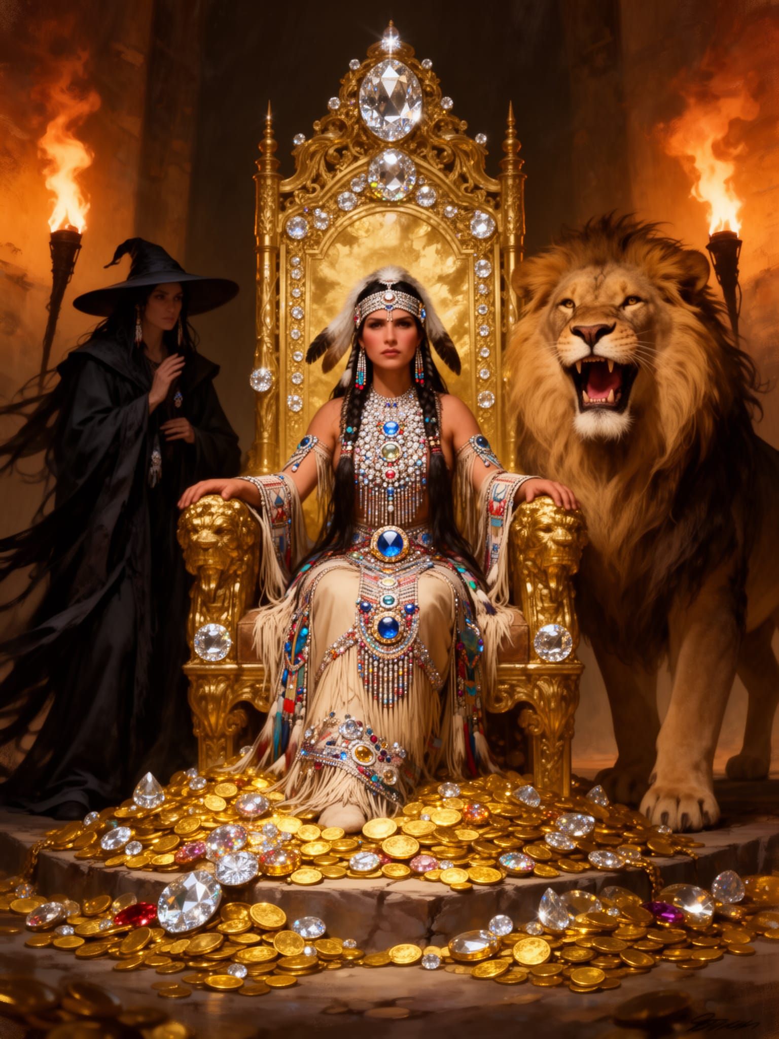 Regal Native American Queen with Lion and Witch