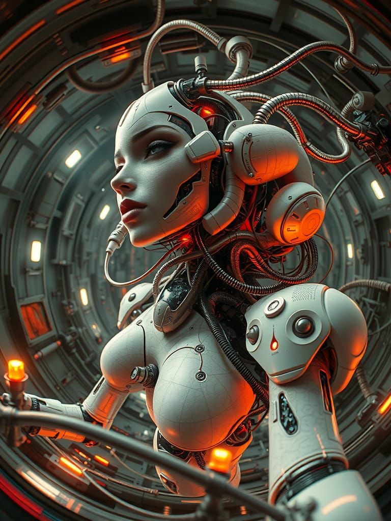 Biomechanical Cyborg in Surreal Industrial Dreamscape
