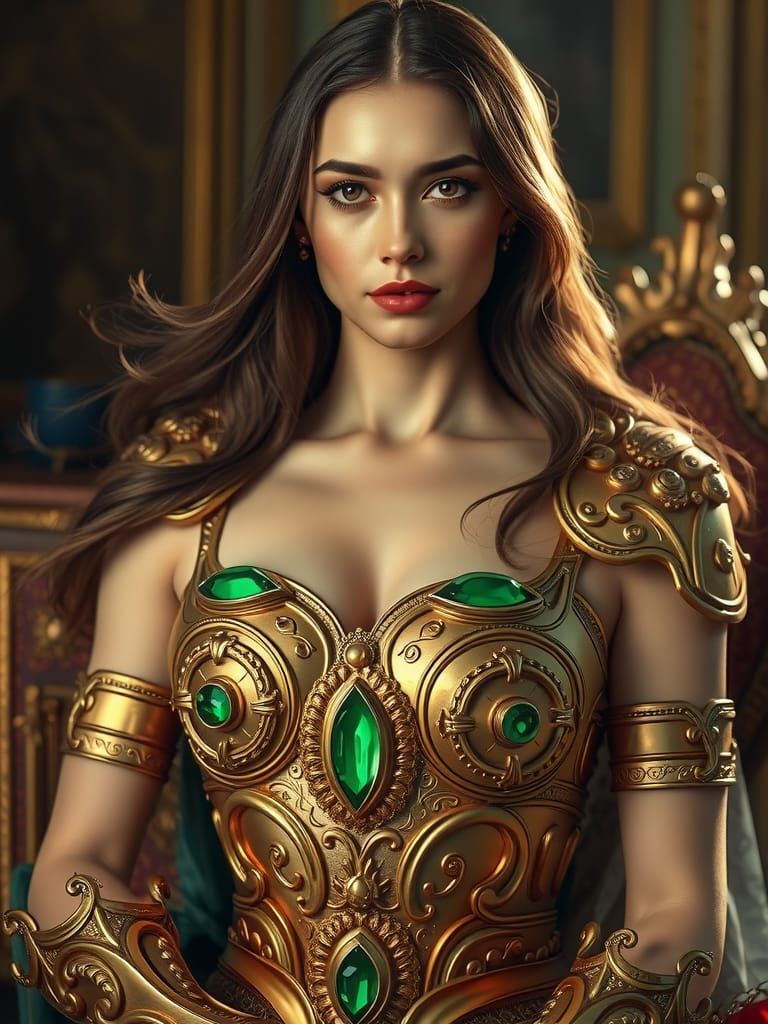 Goddess in Gold and Emerald Armor