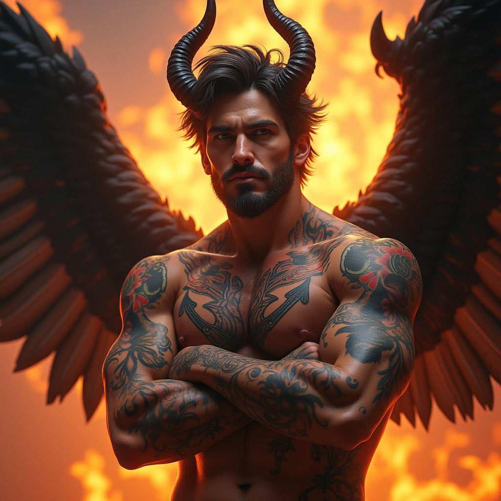 Horned Man with Tattoos and Wings in Fiery Landscape