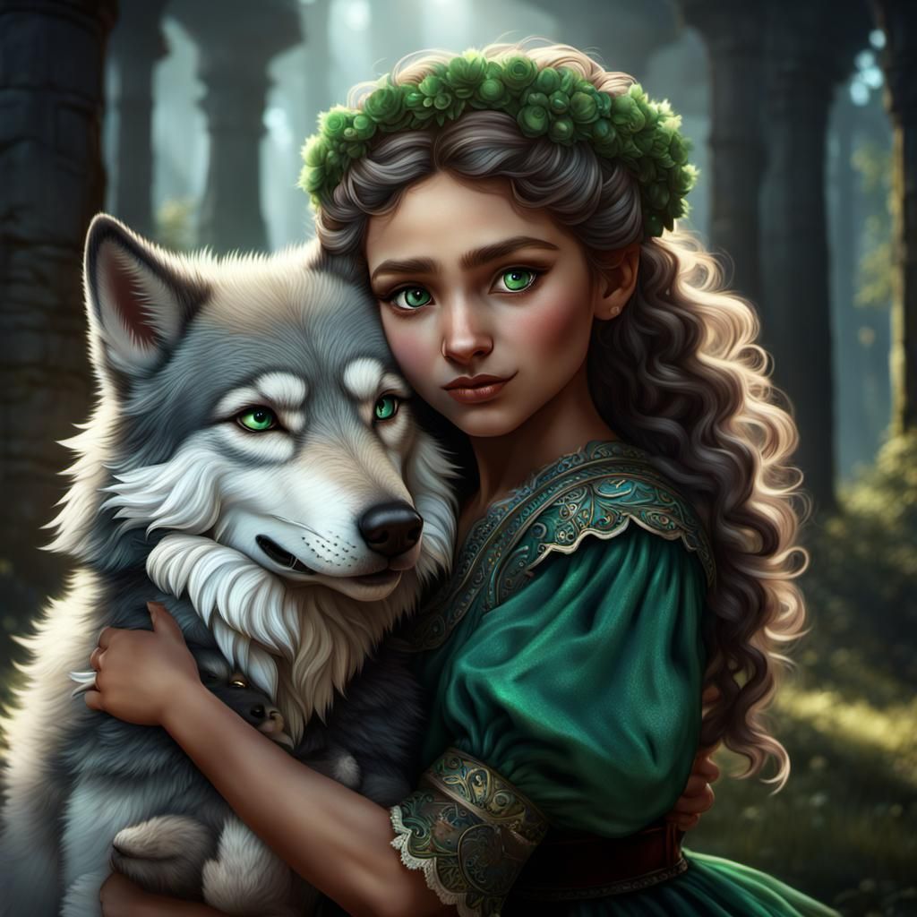 Charming Bulgarian Girl Hugging Wolves: Fantasy Art
