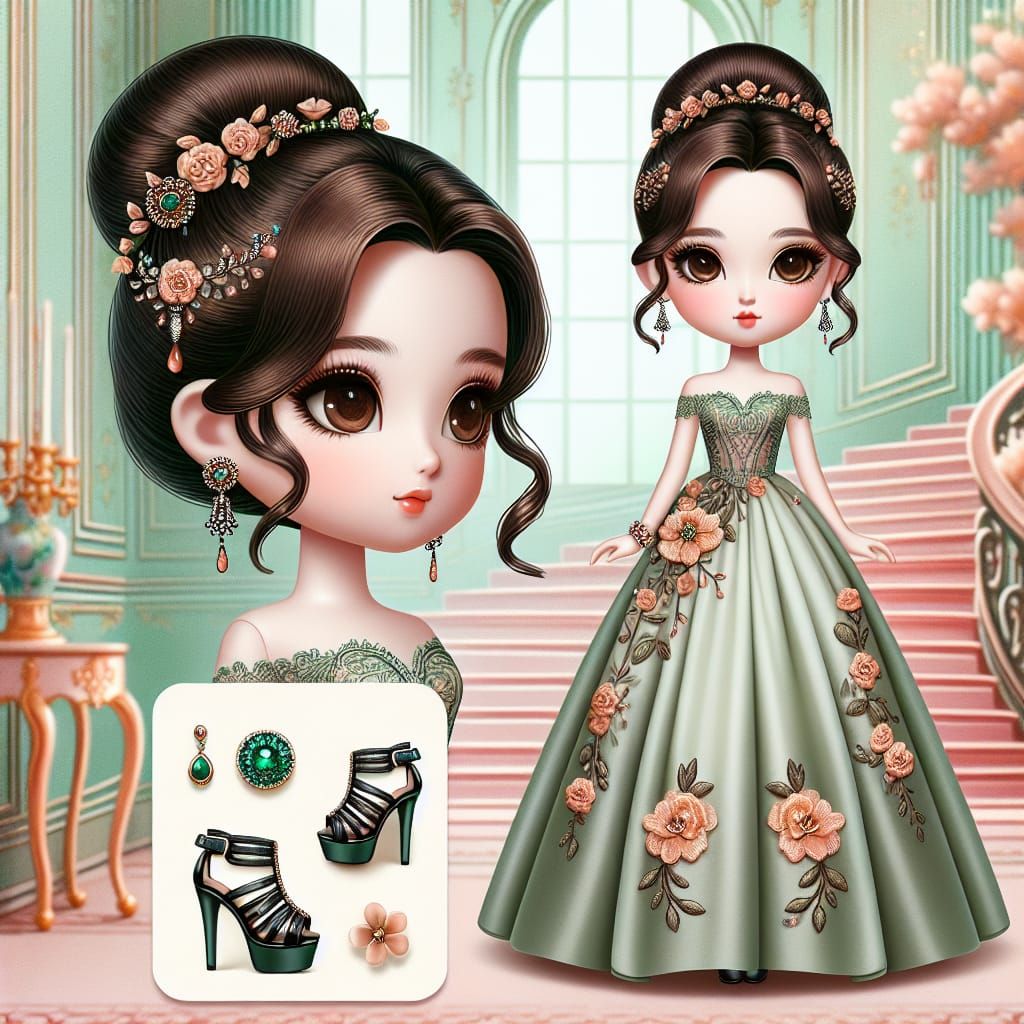 Tall Fashion Doll in Elegant Green Gown with Orange Flowers