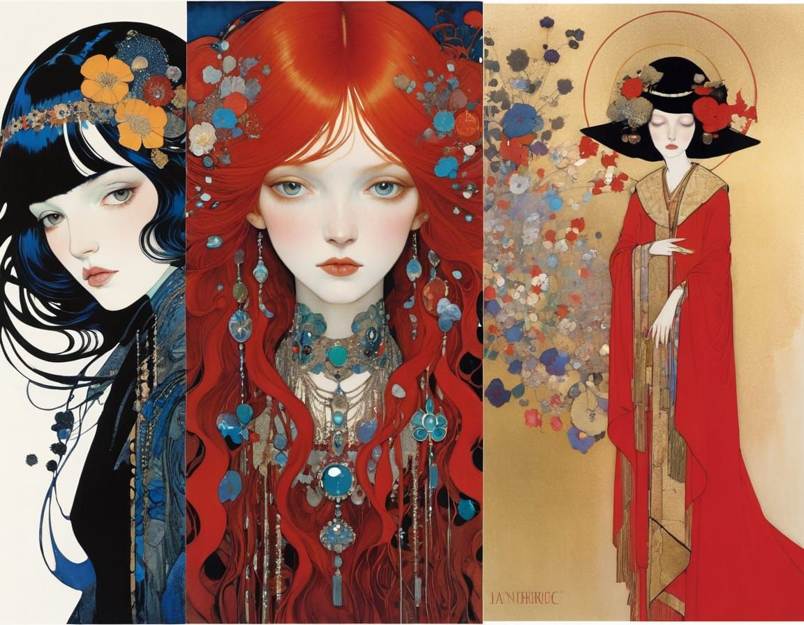 Woman in Red Gown with Flowers, Art Nouveau Style