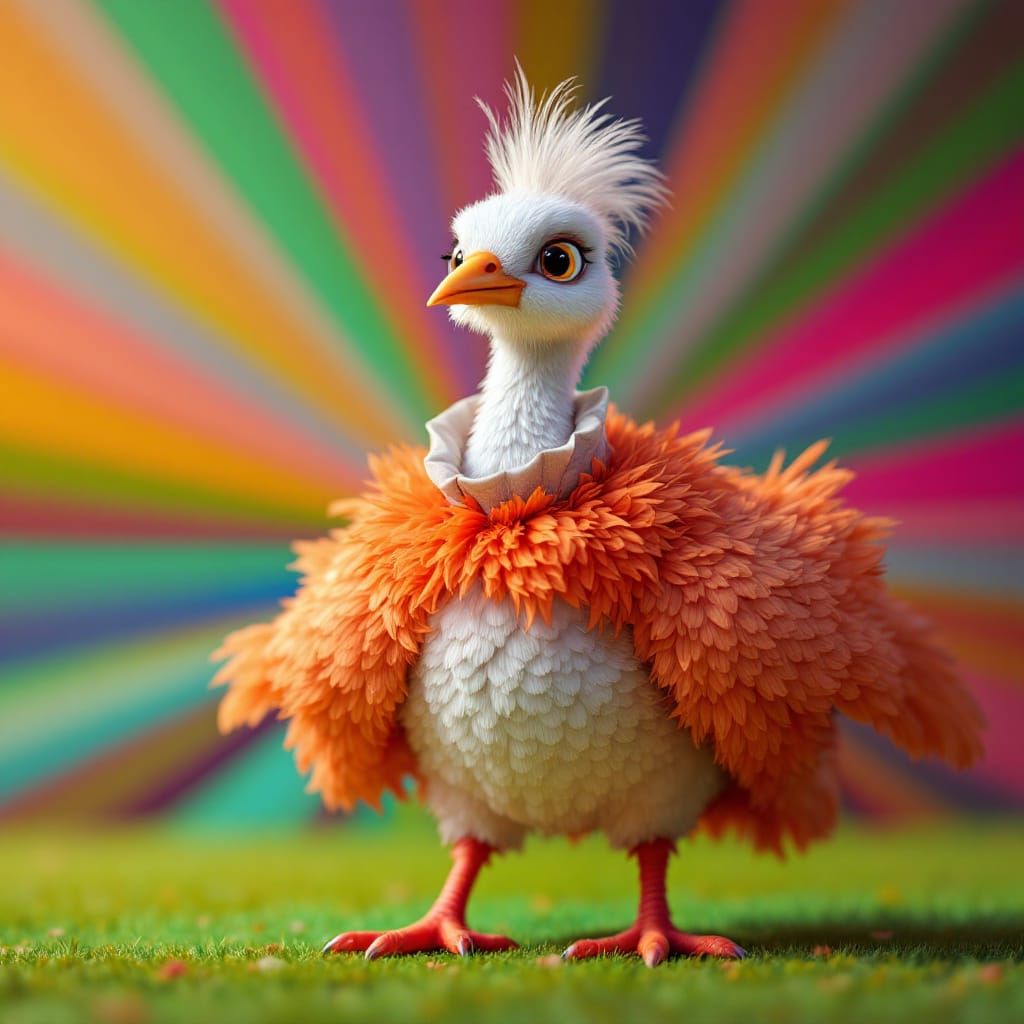 Pigeon in Flamboyant Ostrich Costume Pixar Style