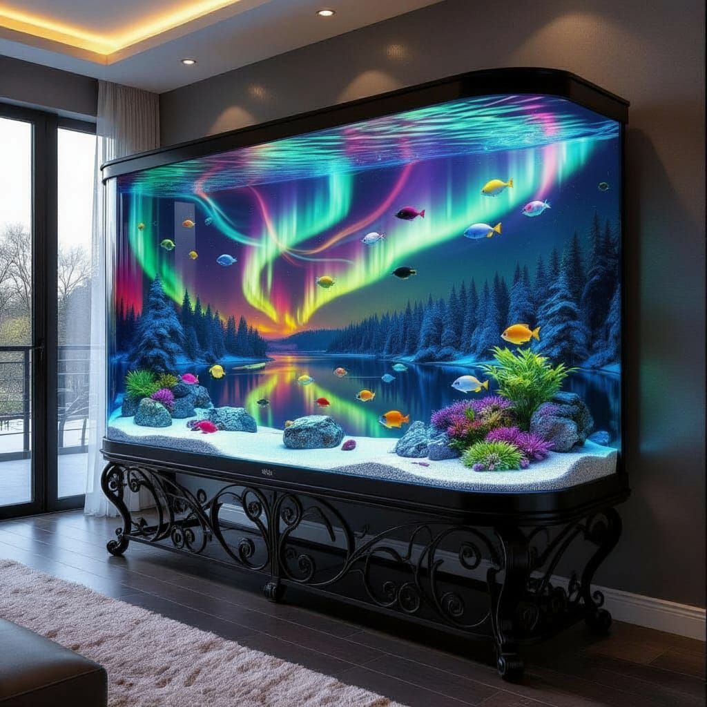 Vibrant Aurora Borealis Aquarium in Modern Living Room