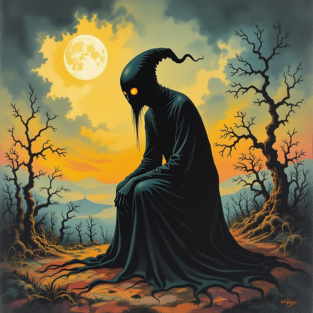 Grotesque Figure in Surreal Landscape, Mixed Media