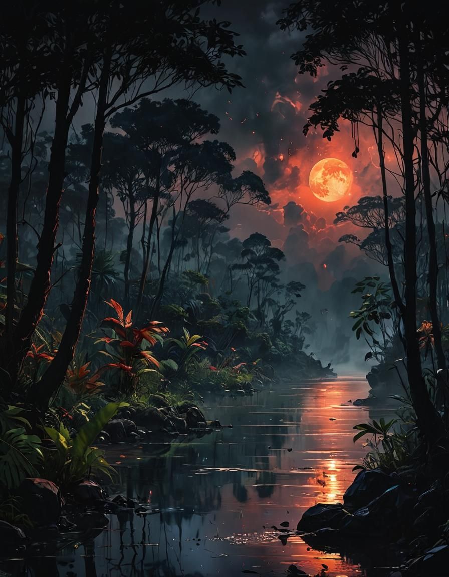 Rainforest Landscape with Blood Moon, Watercolor Style