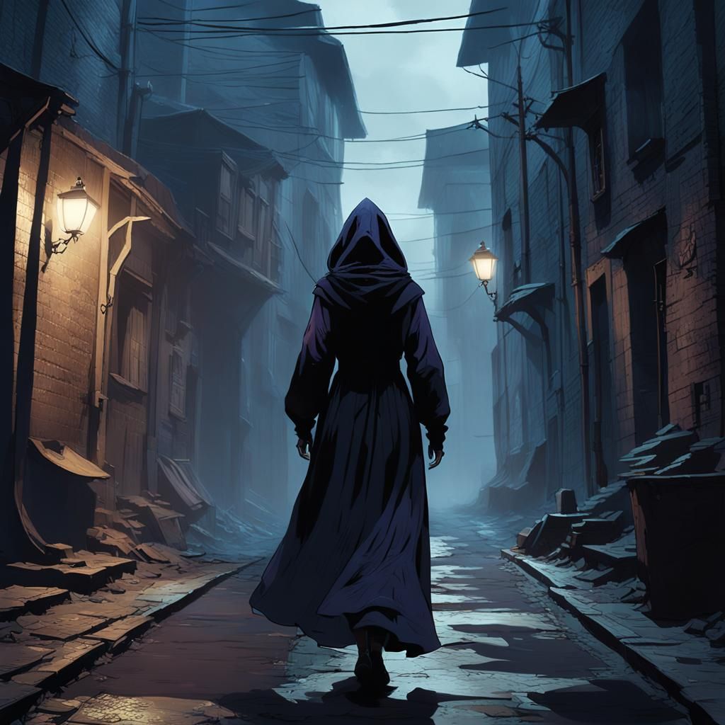 Hooded Lady in Dark Alleyway: Matte Painting
