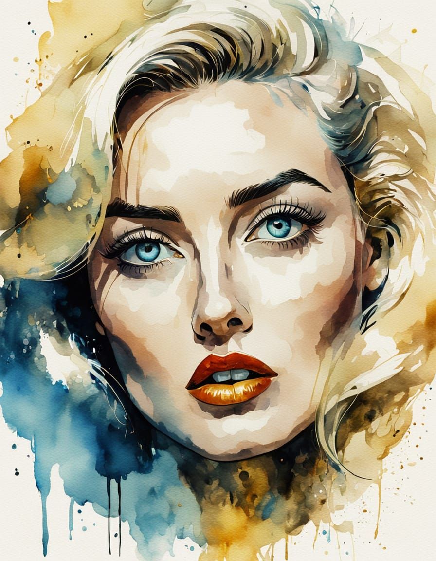 Surreal Pin-Up Portrait in Watercolor and Ink