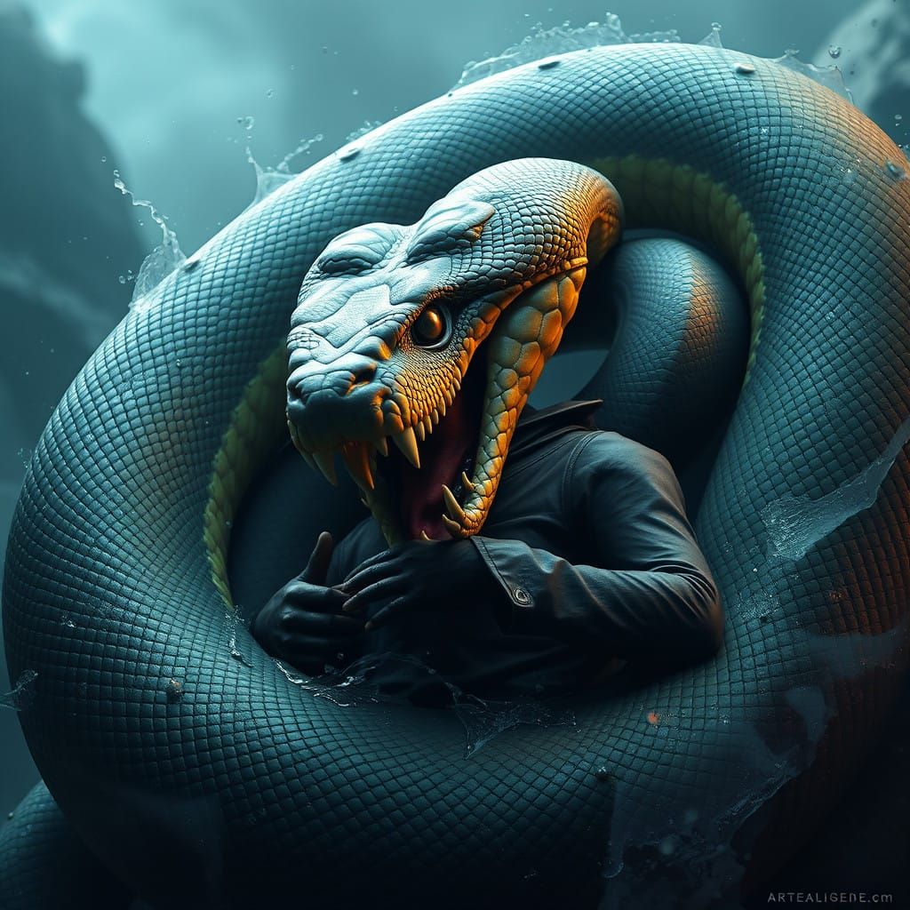 Surreal Boa Constrictor Chokes Man in Fantastical Landscape....