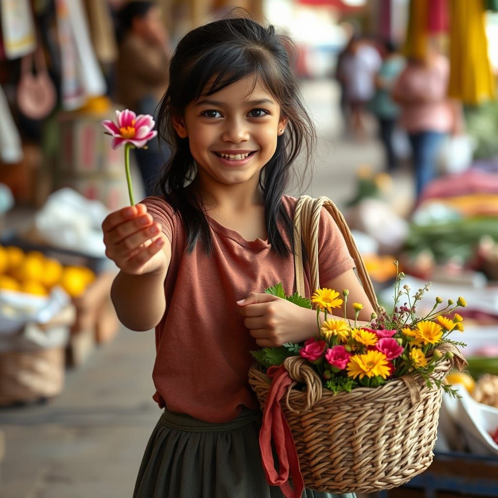 Hopeful Girl Offers Flower in Market
