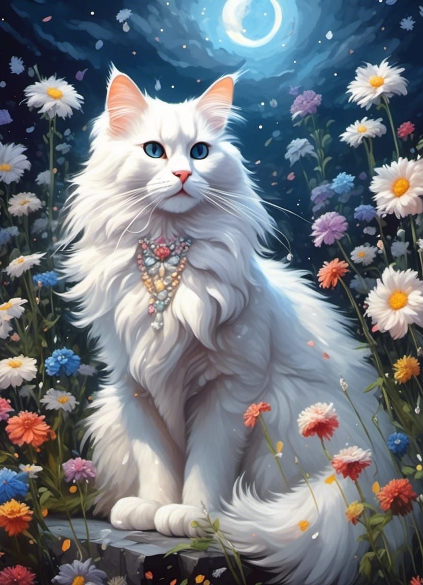 Majestic White Cat in Snowy Flower Garden