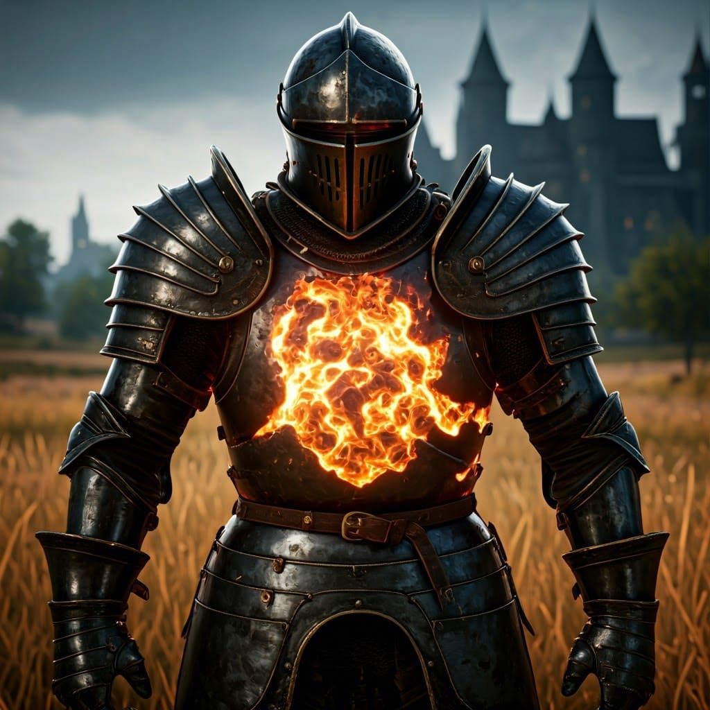 Burning Medieval Knight in Black Armor