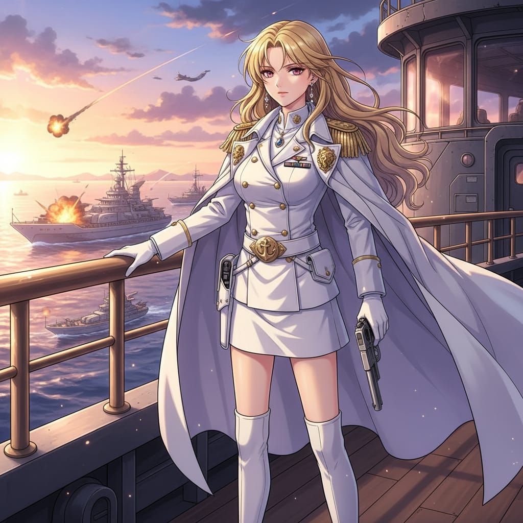Anime Female Admiral with Blonde Hair and Pink Eyes